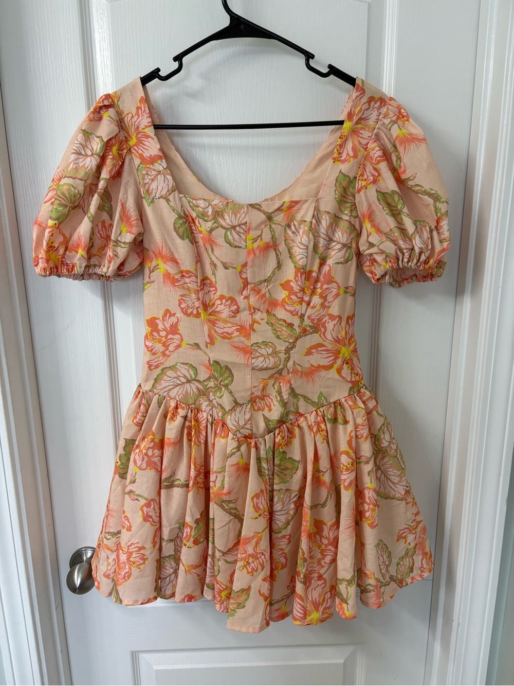 NWT Mika & Gala Lilywhyt Orange Floral Puff Sleeve Corset Mini Dress S